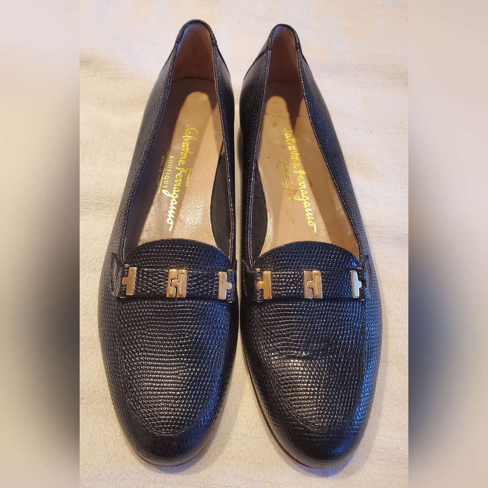 Salvatore Ferragamo Women's Black and Gold Loafers